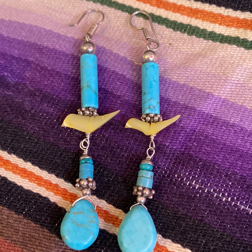 Turquoise Carved MOP Fetish Bird 925 Earrings, 3” - Picture 3 of 3
